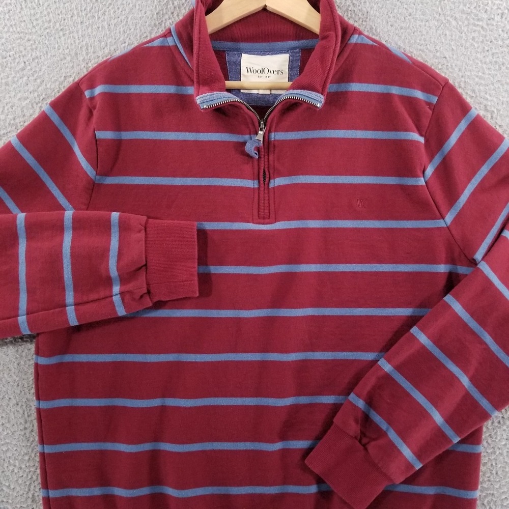 WoolOvers Pullover Mens Large Red Striped 1/4 Zip Sweatshirt Sweater Fleece